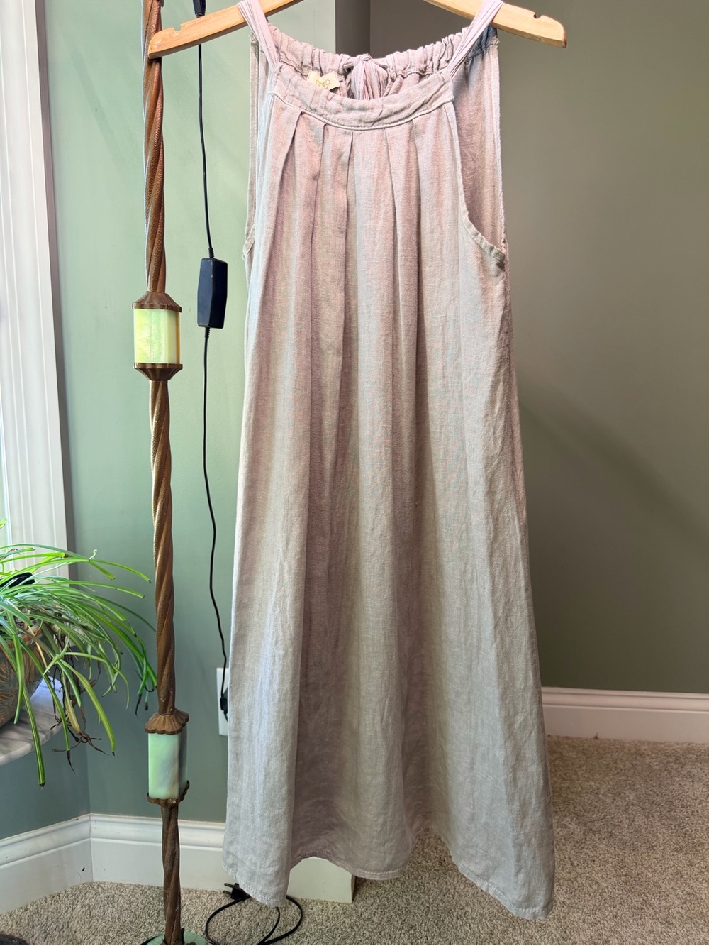 GT-0121 Amora Made in Italy 100% Linen Maxi Dress S Boho Lagenlook Silk Tie